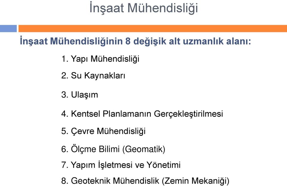 Kentsel Planlamanın Gerçekleştirilmesi 5. Çevre Mühendisliği 6.