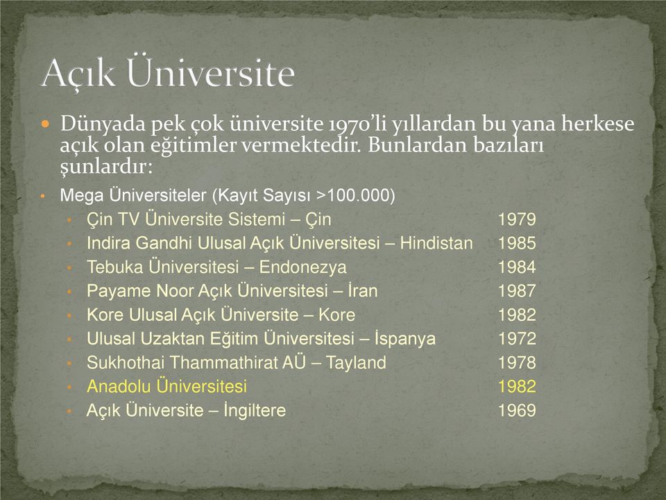 000) Çin TV Üniversite Sistemi Çin 1979 Indira Gandhi Ulusal Açık Üniversitesi Hindistan 1985 Tebuka Üniversitesi Endonezya
