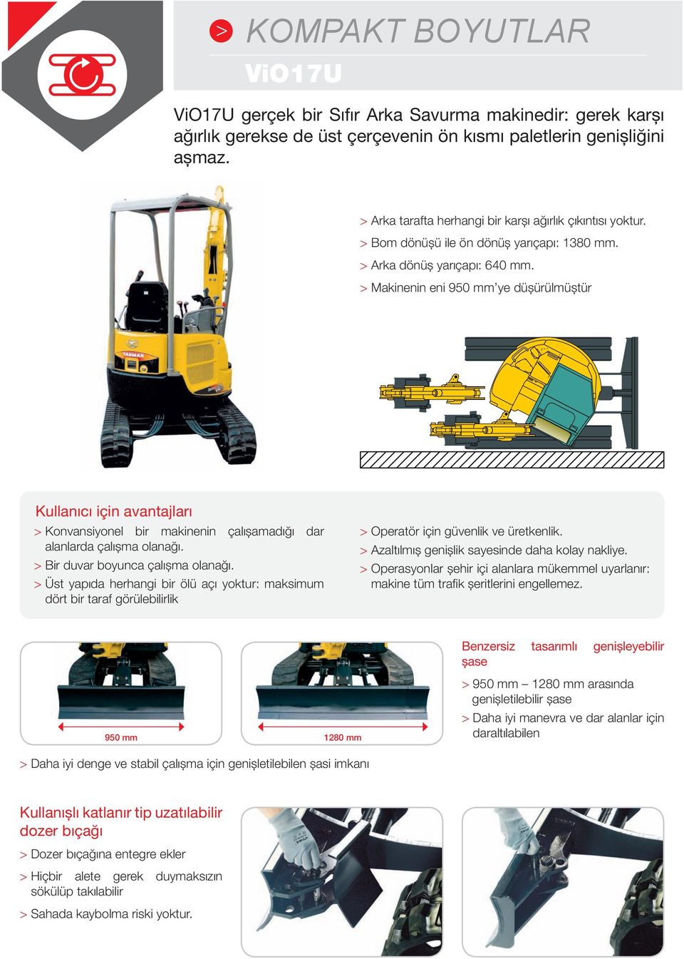 > Makinenin eni 950 mm ye düșürülmüștür Kullanıcı için avantajları > Konvansiyonel bir makinenin çalıșamadığı dar alanlarda çalıșma olanağı. > Bir duvar boyunca çalıșma olanağı.