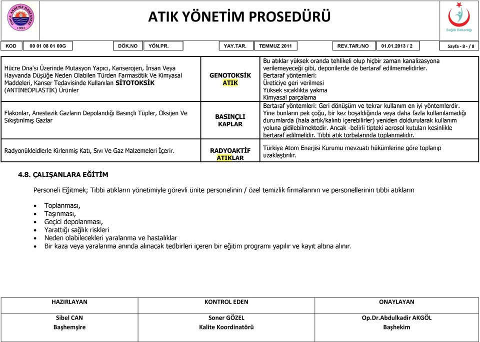 SİTOTOKSİK (ANTİNEOPLASTİK) Ürünler Flakonlar, Anestezik Gazların Depolandığı Basınçlı Tüpler, Oksijen Ve Sıkıştırılmış Gazlar Radyonükleidlerle Kirlenmiş Katı, Sıvı Ve Gaz Malzemeleri İçerir. 4.8.