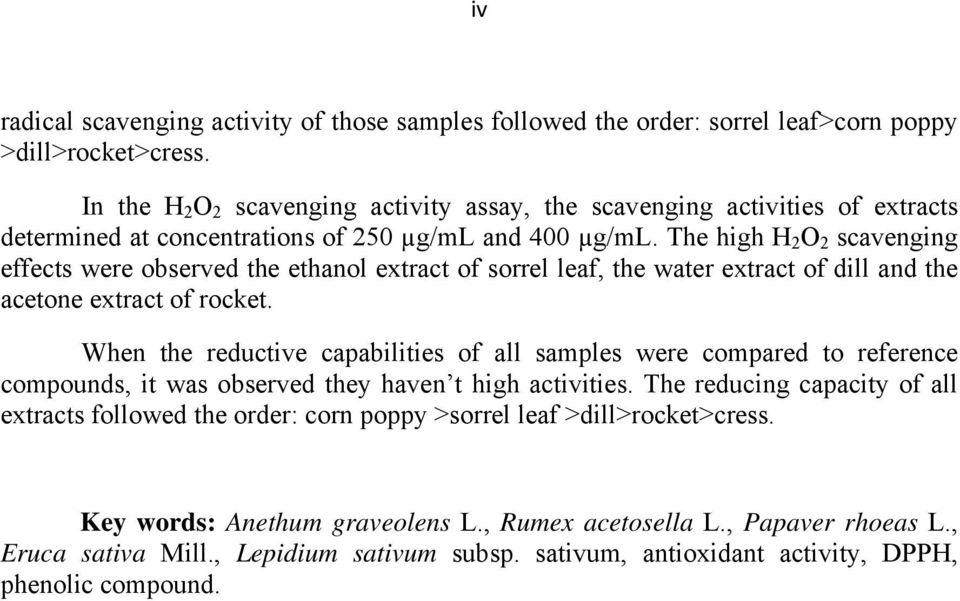 The high H 2 O 2 scavenging effects were observed the ethanol extract of sorrel leaf, the water extract of dill and the acetone extract of rocket.