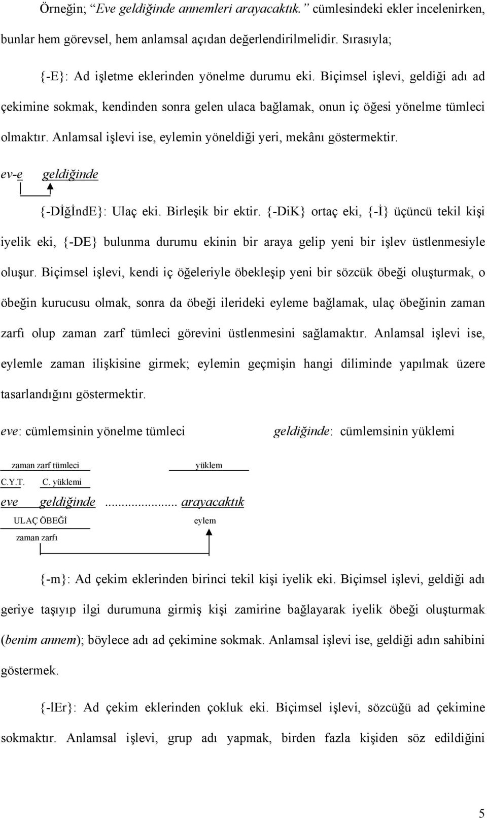 Anlamsal işlevi ise, eylemin yöneldiği yeri, mekânı göstermektir. ev-e geldiğinde {-DİğİndE}: Ulaç eki. Birleşik bir ektir.