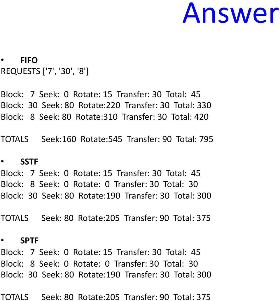 0 Transfer: 30 Total: 30 Block: 30 Seek: 80 Rotate:190 Transfer: 30 Total: 300 TOTALS Seek: 80 Rotate:205 Transfer: 90 Total: 375 SPTF Block: 7 Seek: 0 Rotate: 15
