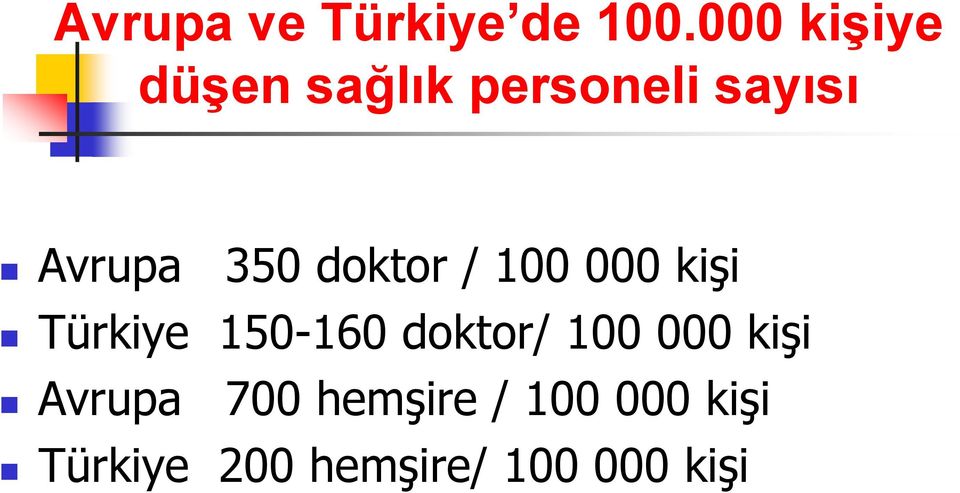 350 doktor / 100 000 kişi Türkiye 150-160 doktor/