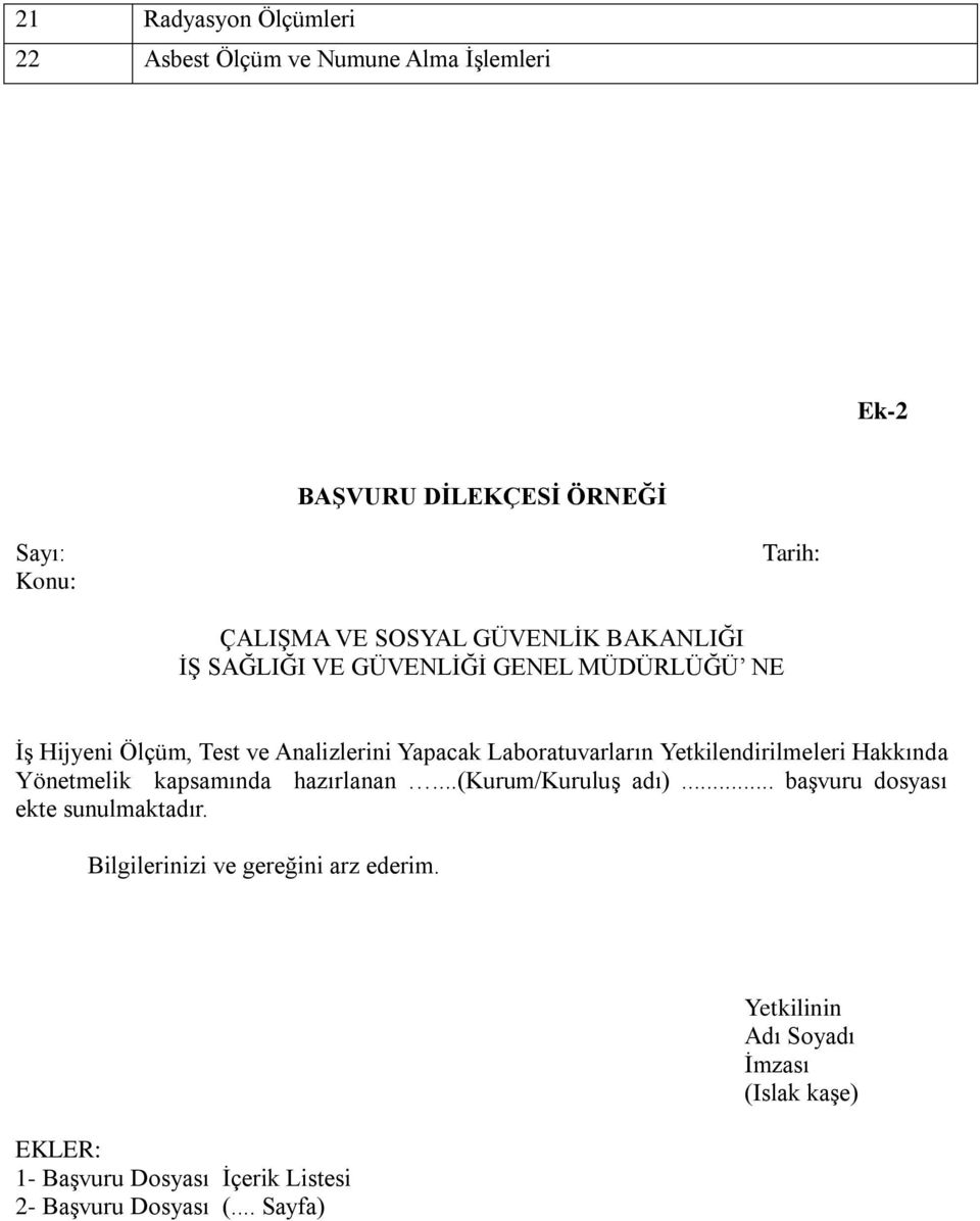 Yetkilendirilmeleri Hakkında Yönetmelik kapsamında hazırlanan...(kurum/kuruluģ adı)... baģvuru dosyası ekte sunulmaktadır.