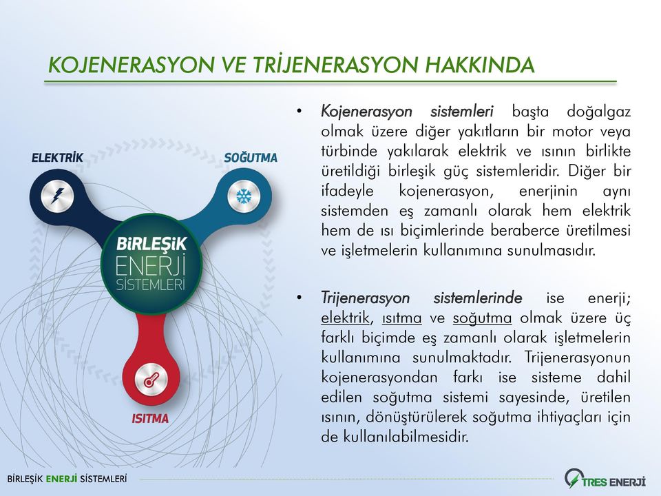 Diğer bir ifadeyle kojenerasyon, enerjinin aynı sistemden eģ zamanlı olarak hem elektrik hem de ısı biçimlerinde beraberce üretilmesi ve iģletmelerin kullanımına sunulmasıdır.