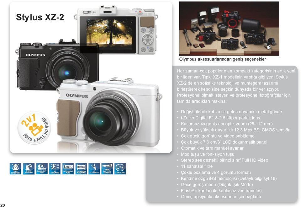 Profesyonel olmak isteyen ve profesyonel fotoğrafçılar için tam da aradıkları makina. 2v1 FULL HD VIDEO FOTO & Değiştirilebilir kabza ile gelen dayanıklı metal gövde i-zuiko Digital F1.8-2.