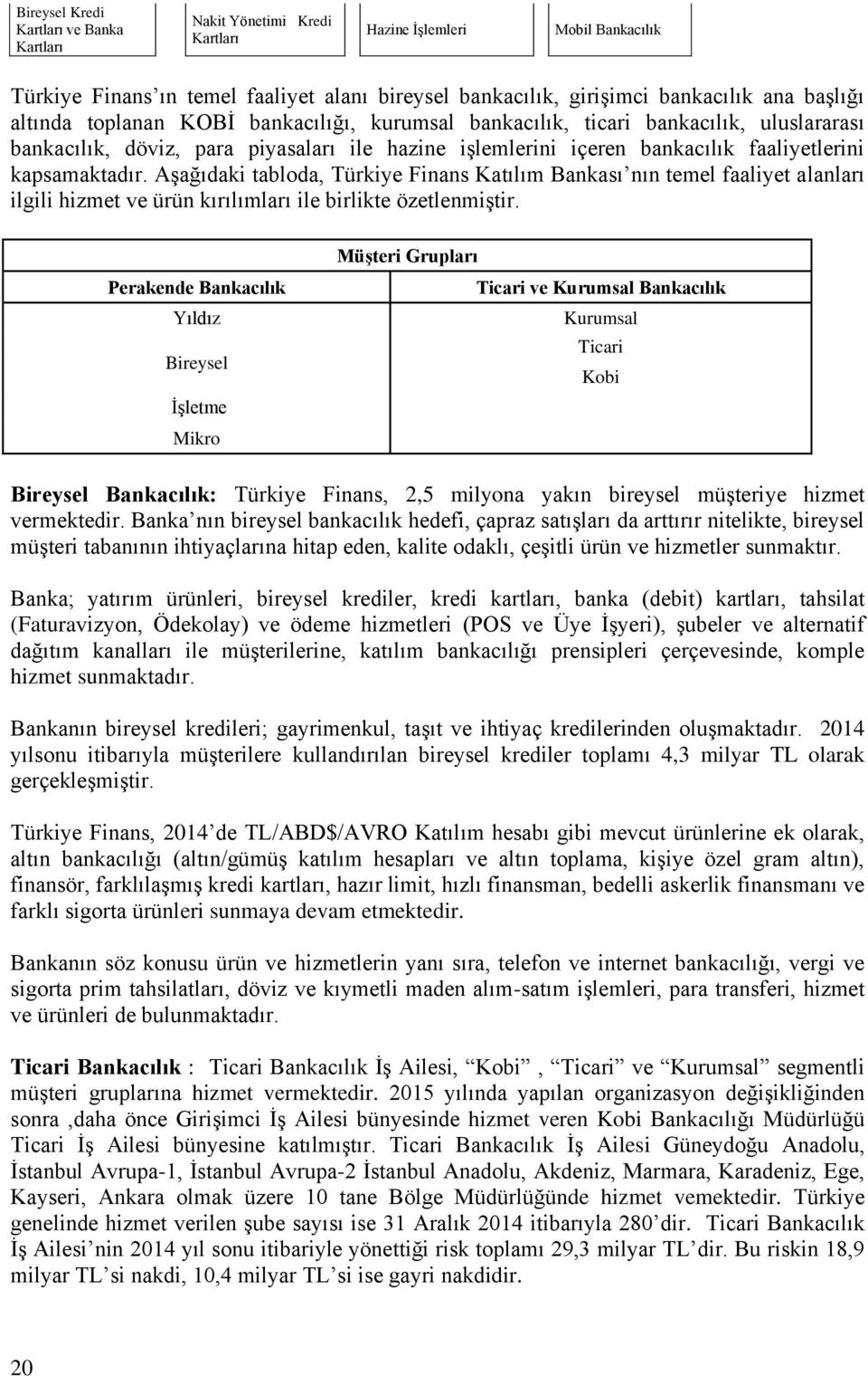 Aşağıdaki tabloda, Türkiye Finans Katılım Bankası nın temel faaliyet alanları ilgili hizmet ve ürün kırılımları ile birlikte özetlenmiştir.