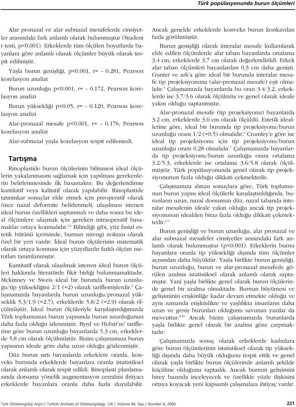 001, r= - 0.172, Pearson korelasyon analizi Burun yüksekli i p<0.05, r= - 0.120, Pearson korelasyon analizi Alar-pronazal mesafe p<0.001, r= - 0.176, Pearson korelasyon analizi Alar-subnazal yaflla korelasyon tespit edilemedi.