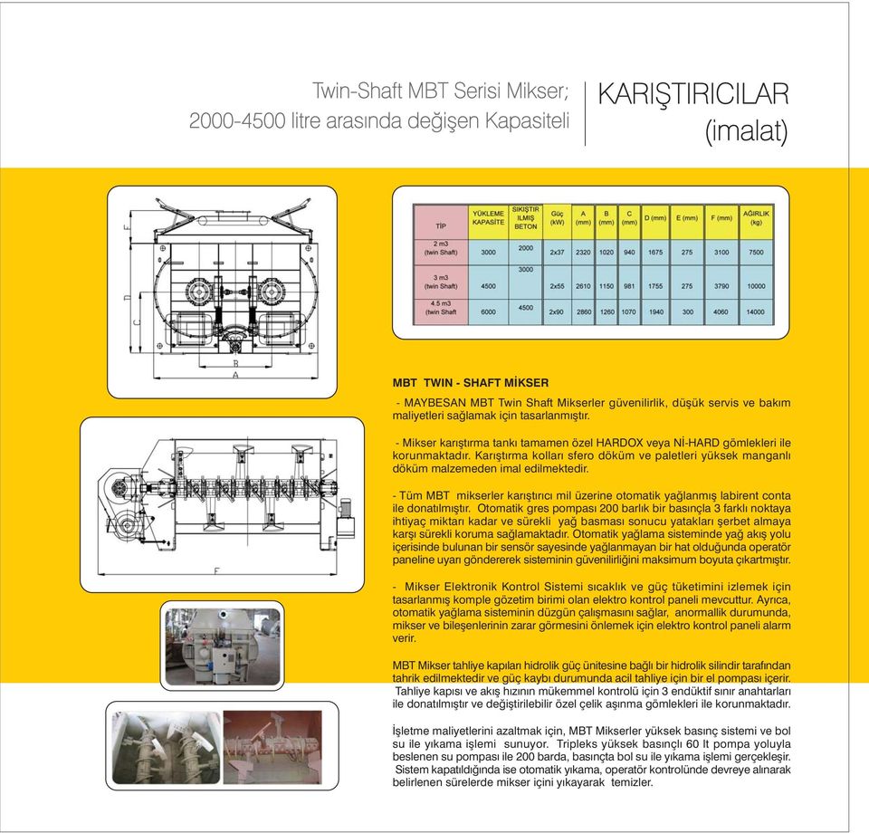 Karýþtýrma kollarý sfero döküm ve paletleri yüksek manganlý döküm malzemeden imal edilmektedir. - Tüm MBT mikserler karýþtýrýcý mil üzerine otomatik yaðlanmýþ labirent conta ile donatýlmýþtýr.