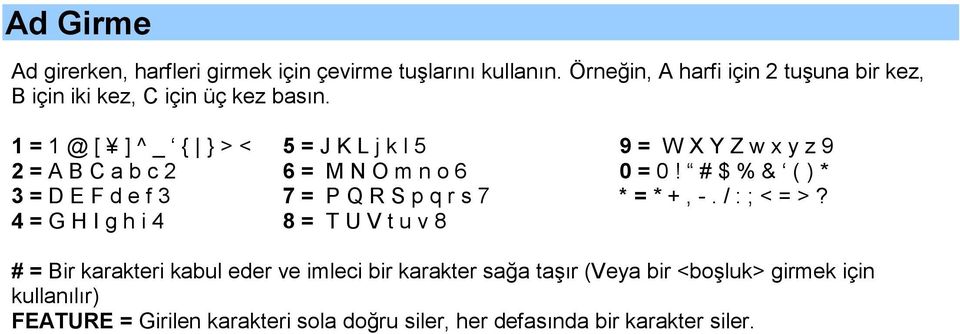 1 = 1 @ [ ] ^ _ { } > < 2 = A B C a b c 2 3 = D E F d e f 3 4 = G H I g h i 4 5 = J K L j k l 5 6 = M N O m n o 6 7 = P Q R S p q r s 7 8