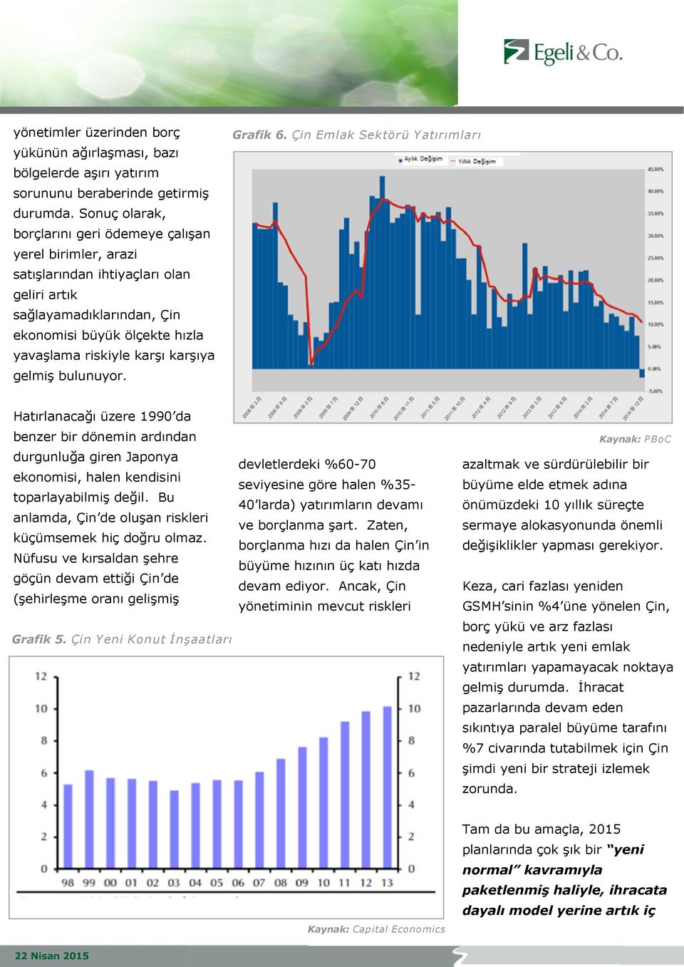 karşıya gelmiş bulunuyor. Grafik 6. Çin Emlak Sektörü Y atırımları Hatırlanacağı üzere 1990 da benzer bir dönemin ardından durgunluğa giren Japonya ekonomisi, halen kendisini toparlayabilmiş değil.