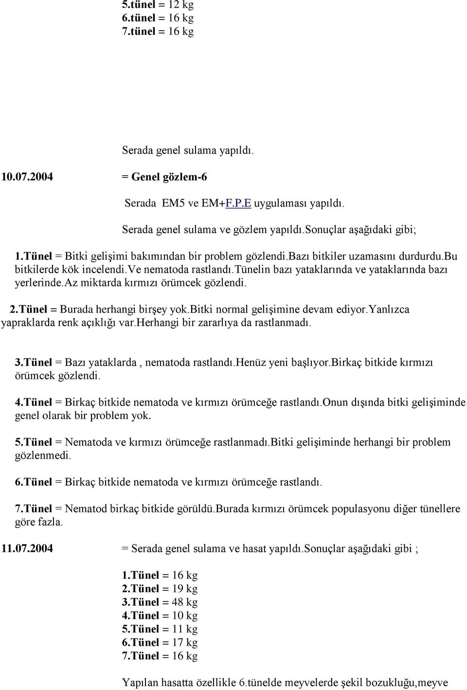 tünelin bazı yataklarında ve yataklarında bazı yerlerinde.az miktarda kırmızı örümcek gözlendi. 2.Tünel = Burada herhangi birşey yok.bitki normal gelişimine devam ediyor.