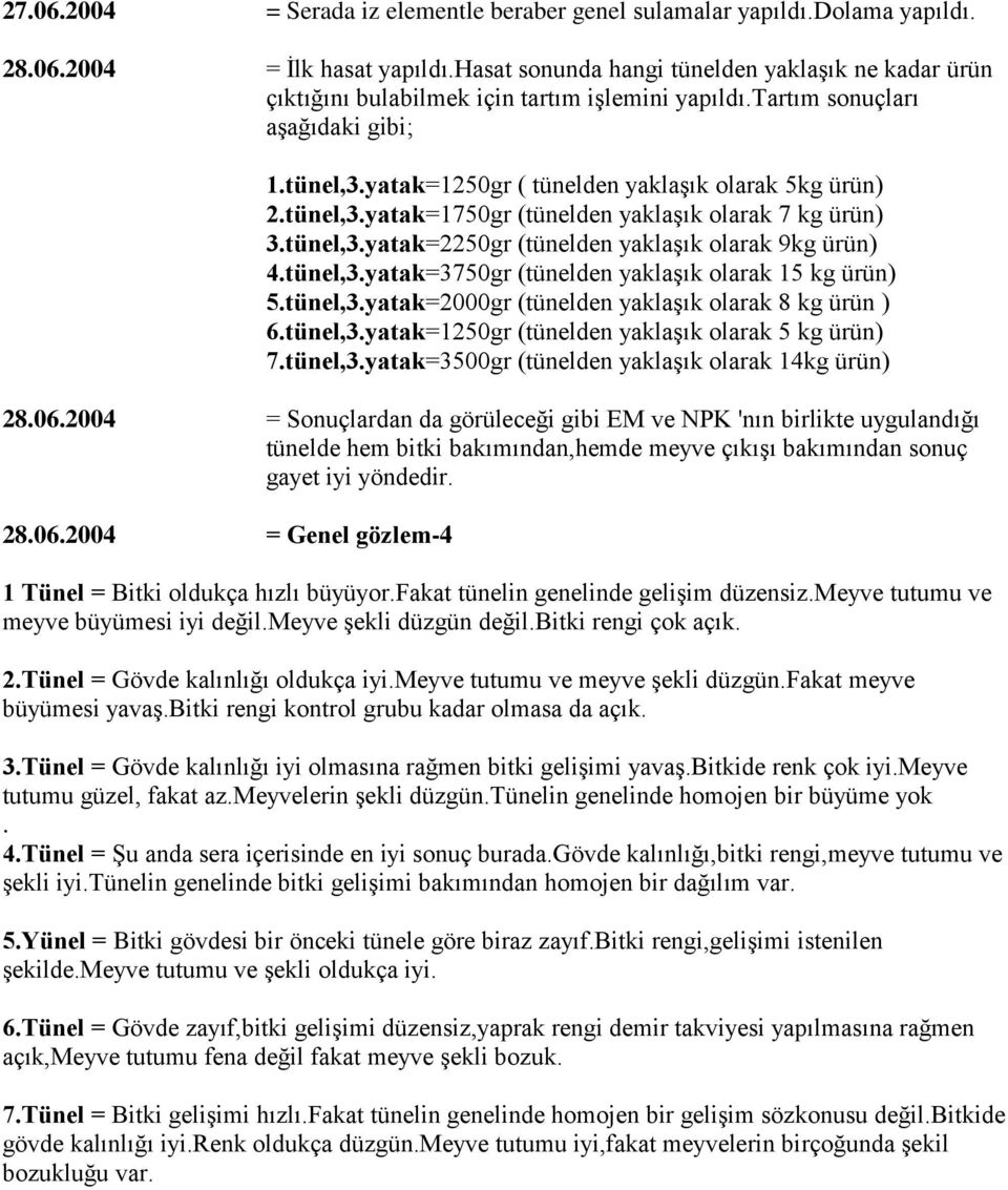 tünel,3.yatak=1750gr (tünelden yaklaşık olarak 7 kg ürün) 3.tünel,3.yatak=2250gr (tünelden yaklaşık olarak 9kg ürün) 4.tünel,3.yatak=3750gr (tünelden yaklaşık olarak 15 kg ürün) 5.tünel,3.yatak=2000gr (tünelden yaklaşık olarak 8 kg ürün ) 6.