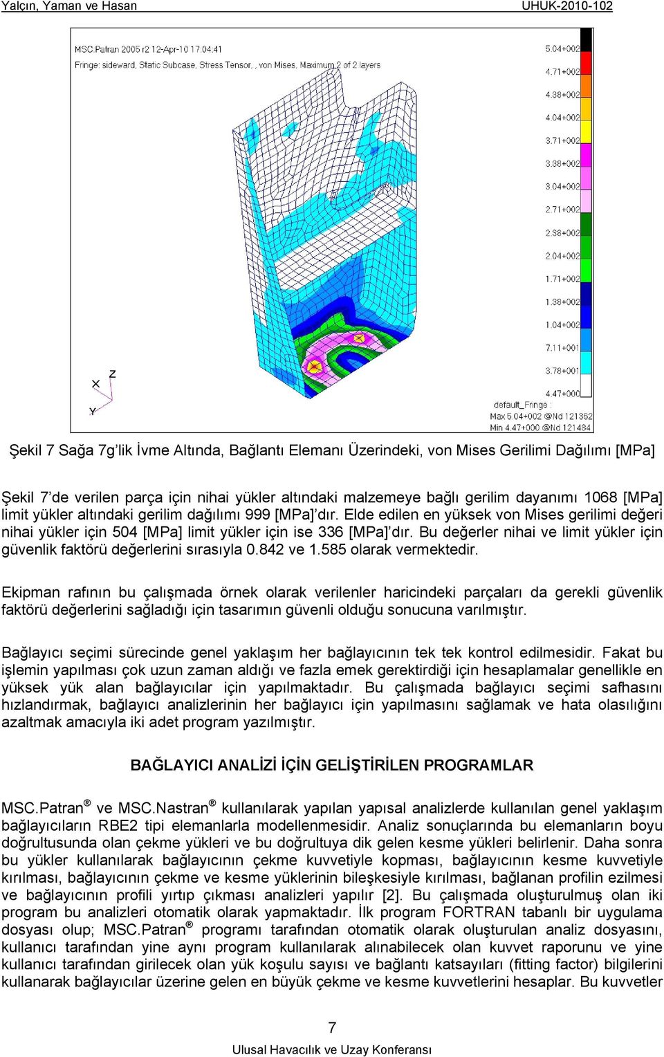 Bu değerler nihai ve limit yükler için güvenlik faktörü değerlerini sırasıyla 0.842 ve 1.585 olarak vermektedir.