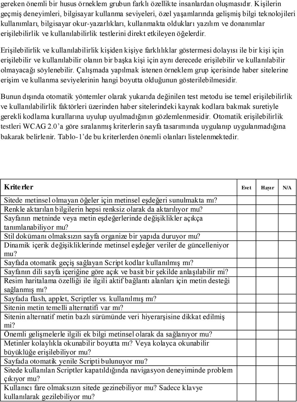 erişilebilirlik ve kullanılabilirlik testlerini direkt etkileyen öğelerdir.