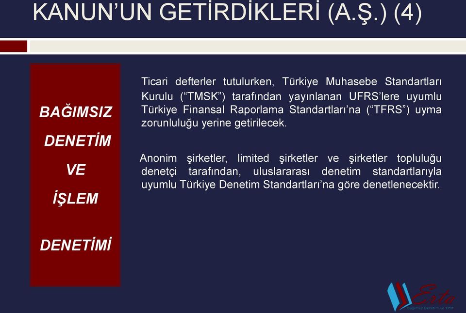 tarafından yayınlanan UFRS lere uyumlu Türkiye Finansal Raporlama Standartları na ( TFRS ) uyma zorunluluğu