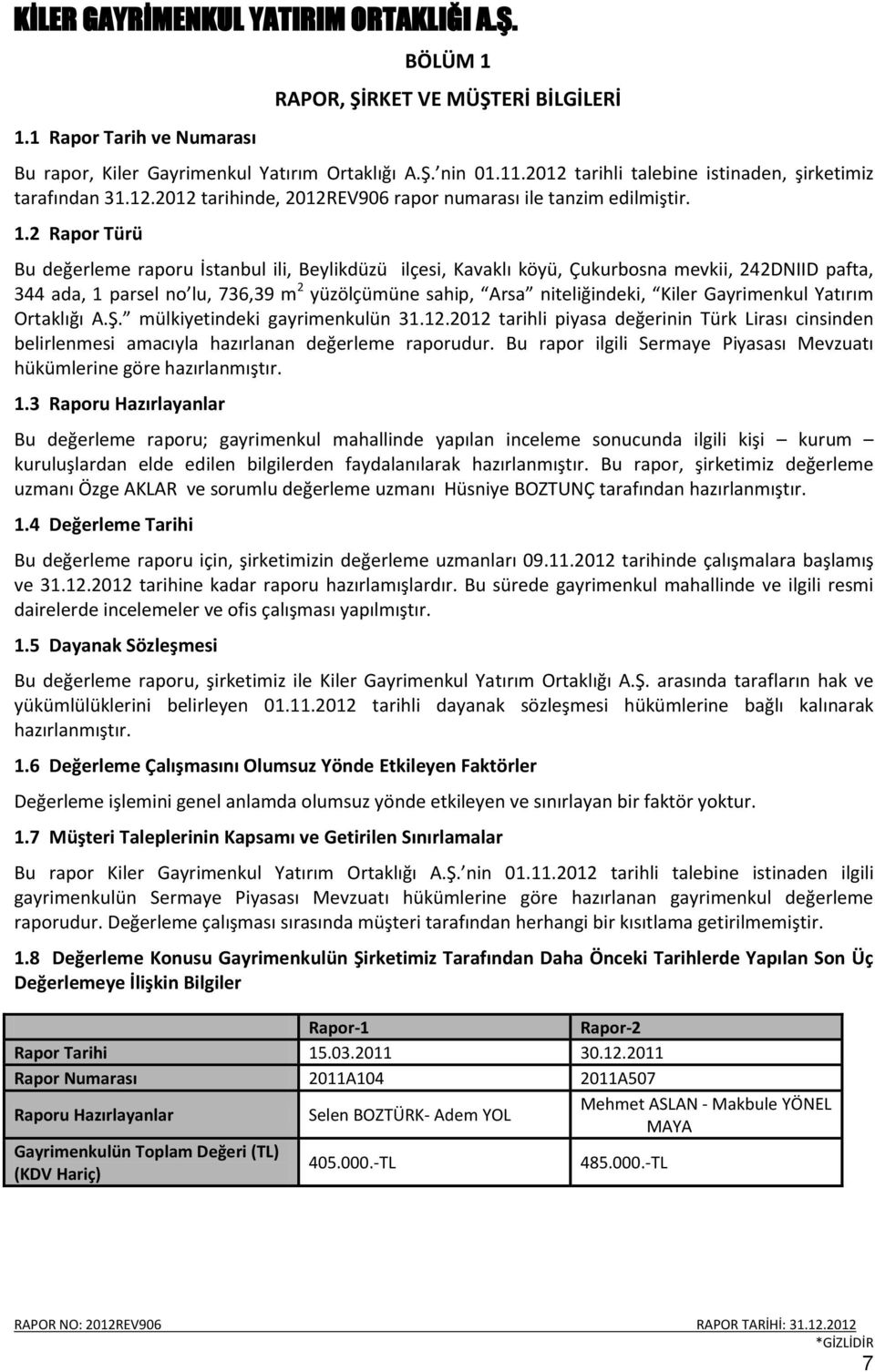 Gayrimenkul Yatırım Ortaklığı A.Ş. mülkiyetindeki gayrimenkulün 31.12.2012 tarihli piyasa değerinin Türk Lirası cinsinden belirlenmesi amacıyla hazırlanan değerleme raporudur.