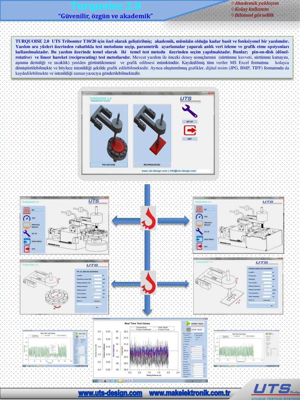 Yazılım ara yüzleri üzerinden rahatlıkla test metodunu seçip, parametrik ayarlamalar yaparak anlık veri izleme ve grafik etme opsiyonları kullanılmaktadır.