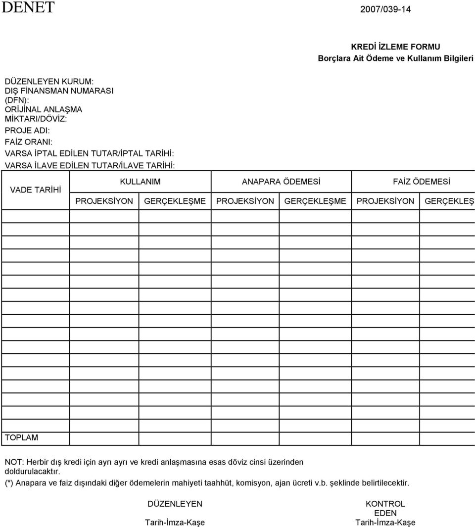 GERÇEKLEŞME PROJEKSİYON GERÇEKLEŞME PROJEKSİYON GERÇEKLEŞ TOPLAM NOT: Herbir dış kredi için ayrı ayrı ve kredi anlaşmasına esas döviz cinsi üzerinden doldurulacaktır.