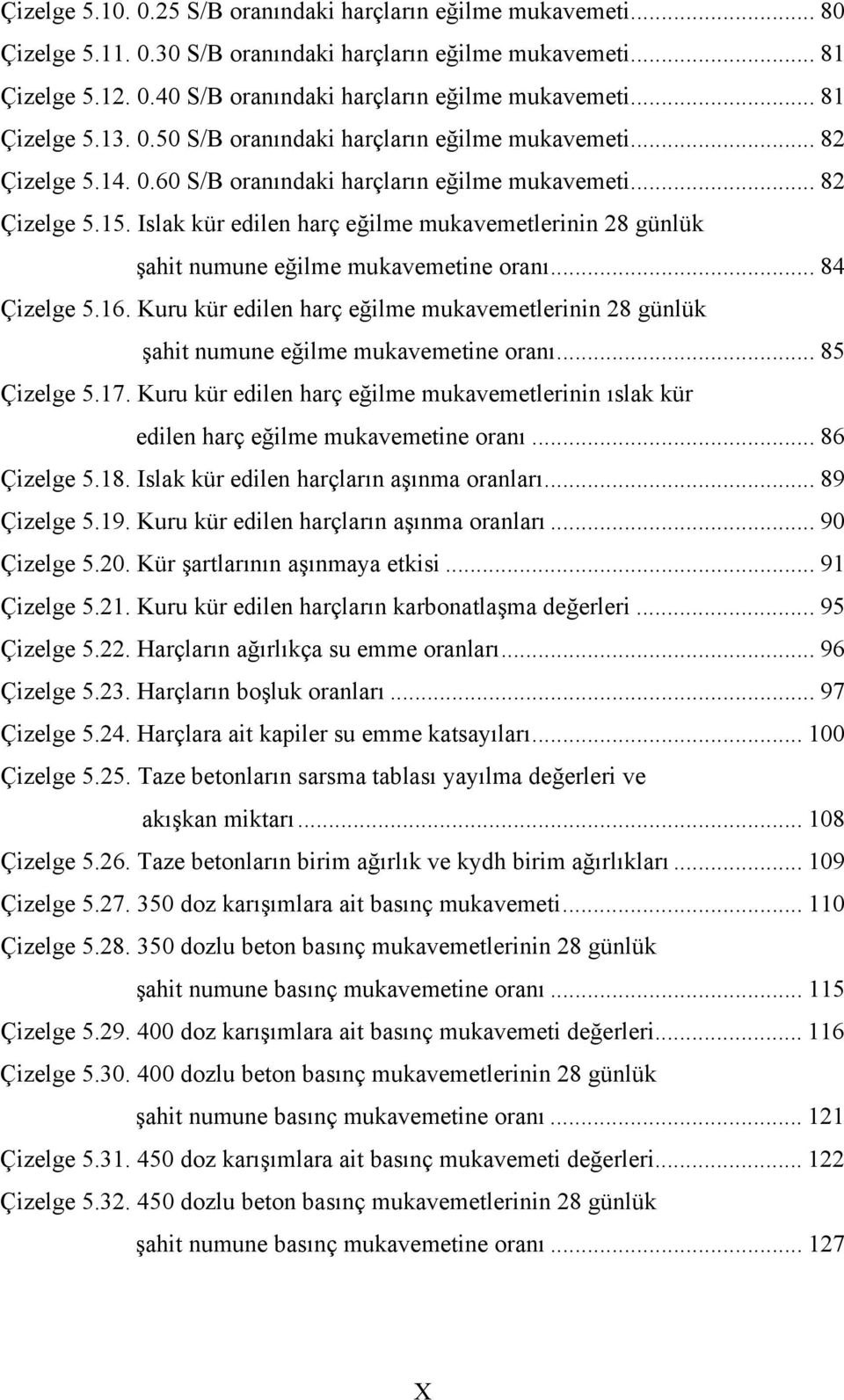 Islak kür edilen harç eğilme mukavemetlerinin 28 günlük şahit numune eğilme mukavemetine oranı... 84 Çizelge 5.16.