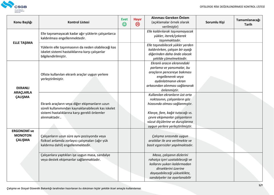 Ekranlı araçların veya diğer ekipmanların uzun süreli kullanımından kaynaklanabilecek kas iskelet sistemi hastalıklarına karşı gerekli önlemler alınmaktadır.