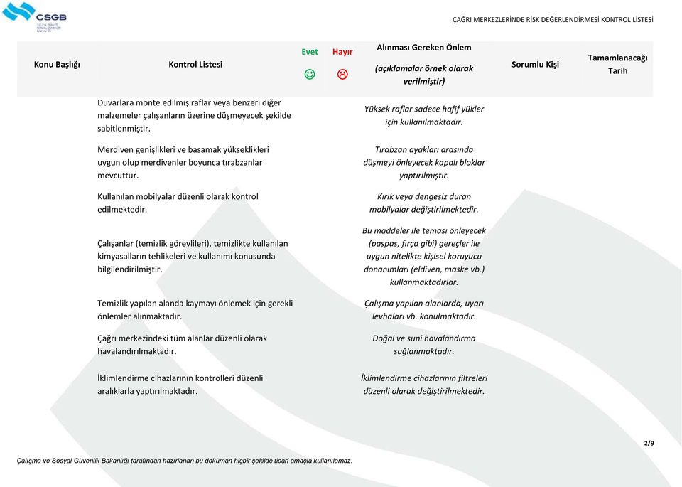 Kullanılan mobilyalar düzenli olarak kontrol edilmektedir. Kırık veya dengesiz duran mobilyalar değiştirilmektedir.