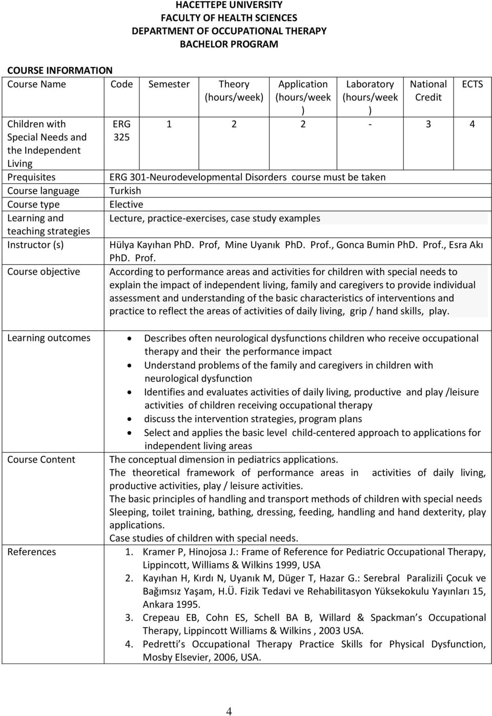 Credit 1 2 2-3 4 ERG 301-Neurodevelopmental Disorders course must be taken Turkish Elective Lecture, practice-exercises, case study examples ECTS Hülya Kayıhan PhD. Prof, Mine Uyanık PhD. Prof., Gonca Bumin PhD.