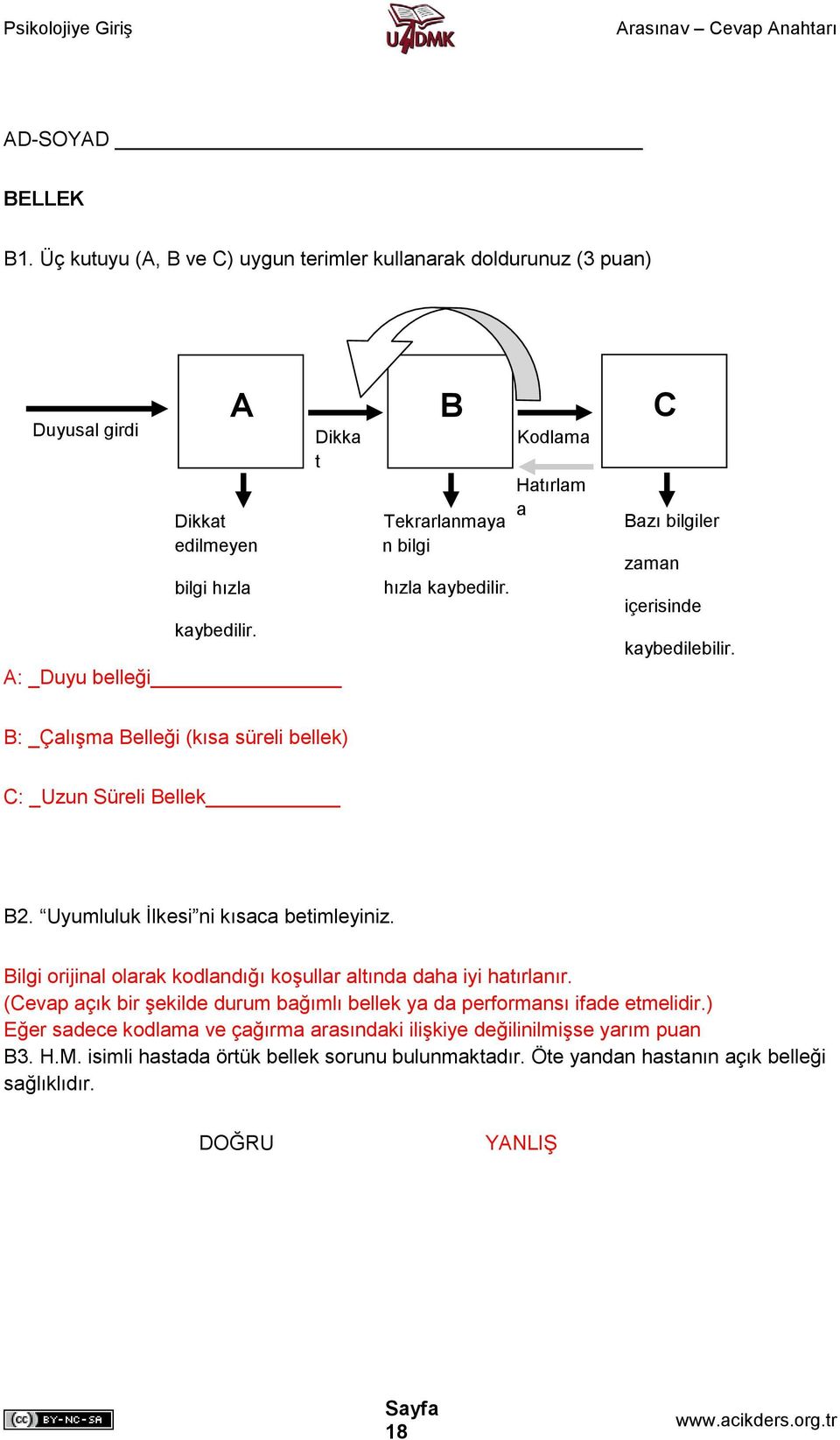 B: _Çalışma Belleği (kısa süreli bellek) C: _Uzun Süreli Bellek B2. Uyumluluk İlkesi ni kısaca betimleyiniz. Bilgi orijinal olarak kodlandığı koşullar altında daha iyi hatırlanır.