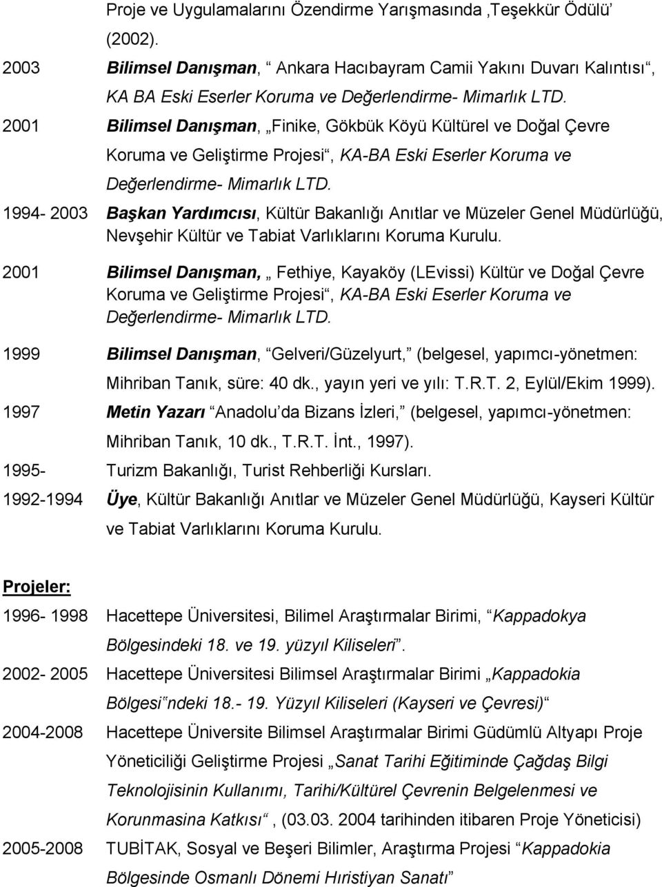 1994-2003 Başkan Yardımcısı, Kültür Bakanlığı Anıtlar ve Müzeler Genel Müdürlüğü, Nevşehir Kültür ve Tabiat Varlıklarını Koruma Kurulu.