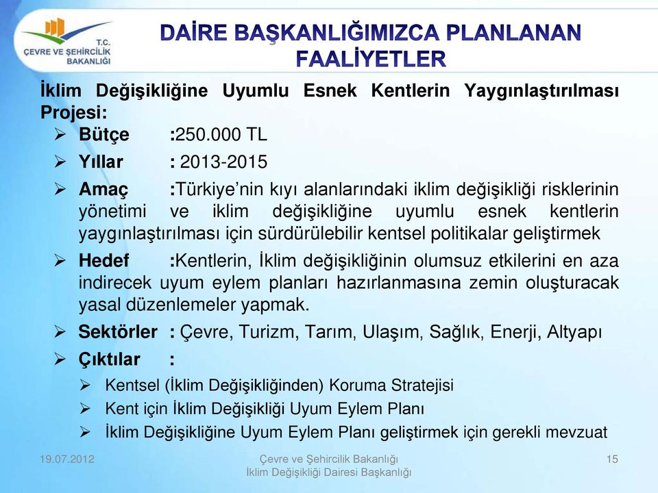 sürdürülebilir kentsel politikalar geliştirmek Hedef :Kentlerin, İklim değişikliğinin olumsuz etkilerini en aza indirecek uyum eylem planları hazırlanmasına zemin oluşturacak