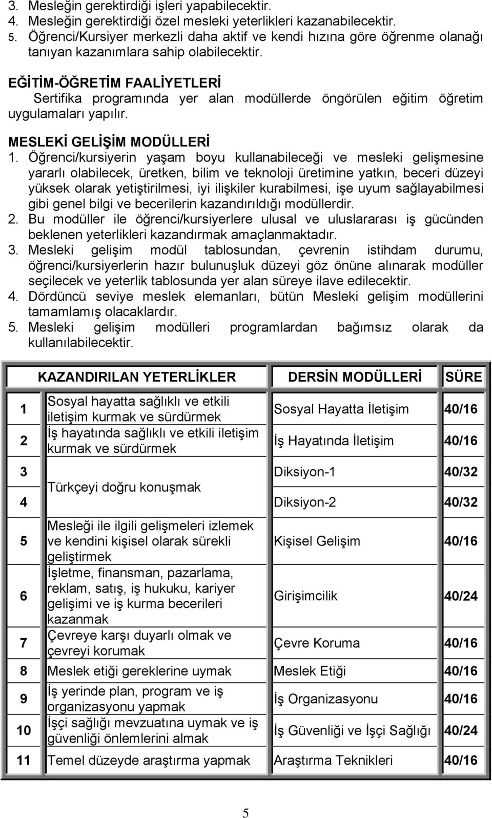 EĞĠTĠM-ÖĞRETĠM FAALĠYETLERĠ Sertifika programında yer alan modüllerde öngörülen eğitim öğretim uygulamaları yapılır. MESLEKĠ GELĠġĠM MODÜLLERĠ 1.