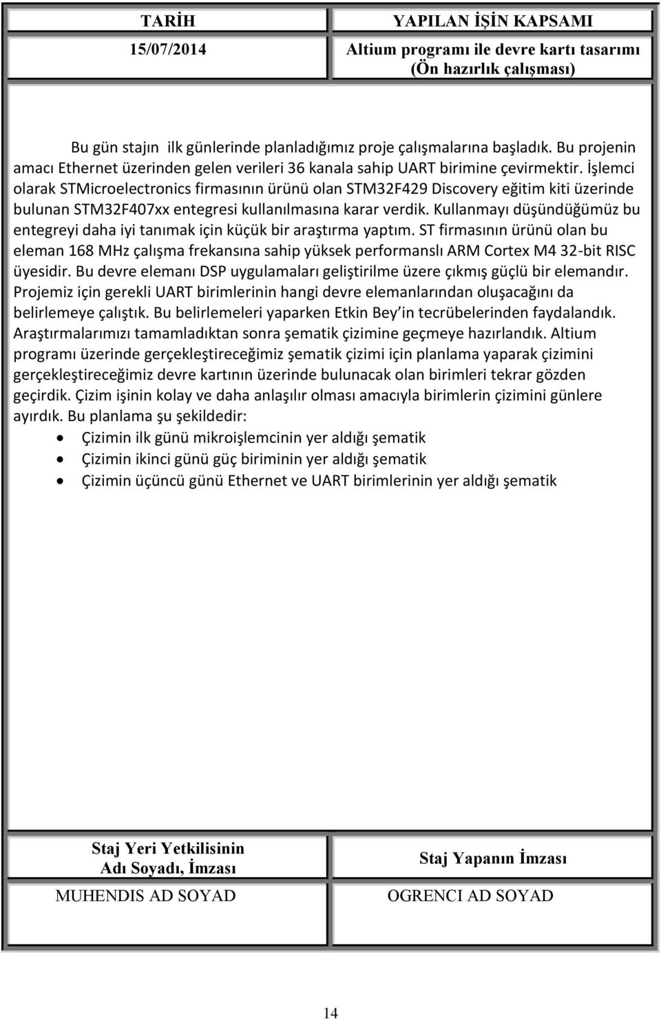 İşlemci olarak STMicroelectronics firmasının ürünü olan STM32F429 Discovery eğitim kiti üzerinde bulunan STM32F407xx entegresi kullanılmasına karar verdik.