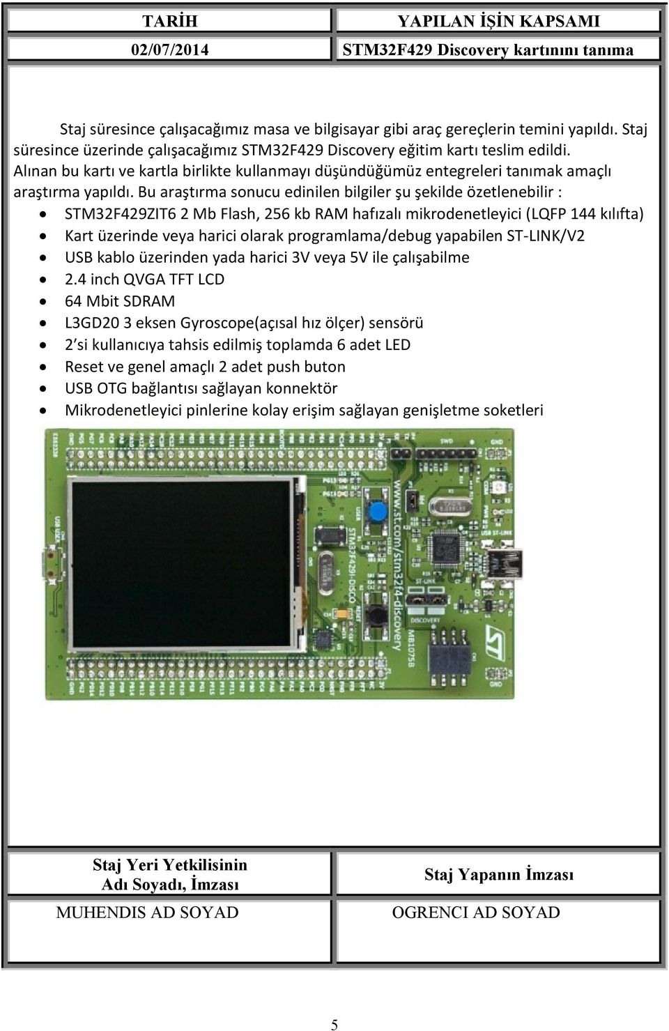 Bu araştırma sonucu edinilen bilgiler şu şekilde özetlenebilir : STM32F429ZIT6 2 Mb Flash, 256 kb RAM hafızalı mikrodenetleyici (LQFP 144 kılıfta) Kart üzerinde veya harici olarak programlama/debug