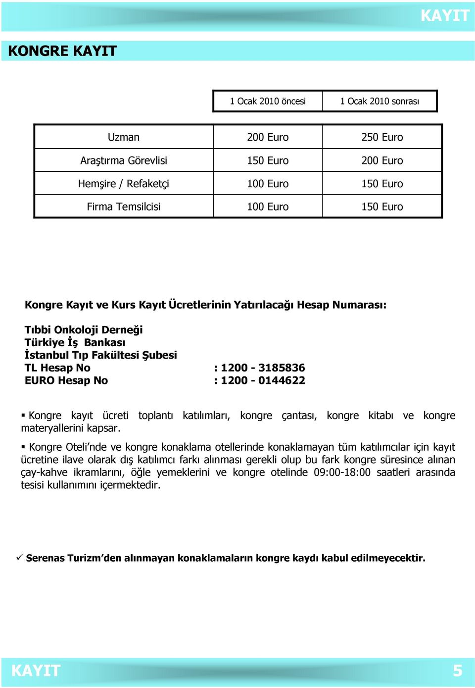 kayıt ücreti toplantı katılımları, kongre çantası, kongre kitabı ve kongre materyallerini kapsar.