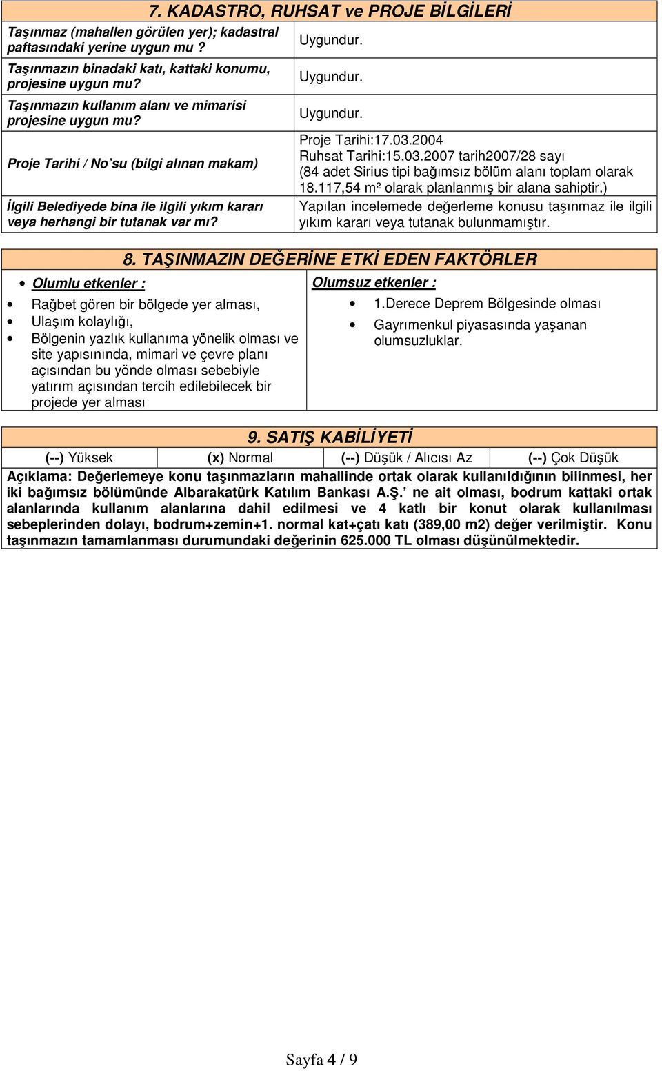 Uygundur. Uygundur. Proje Tarihi:17.03.2004 Ruhsat Tarihi:15.03.2007 tarih2007/28 sayı (84 adet Sirius tipi bağımsız bölüm alanı toplam olarak 18.117,54 m² olarak planlanmış bir alana sahiptir.