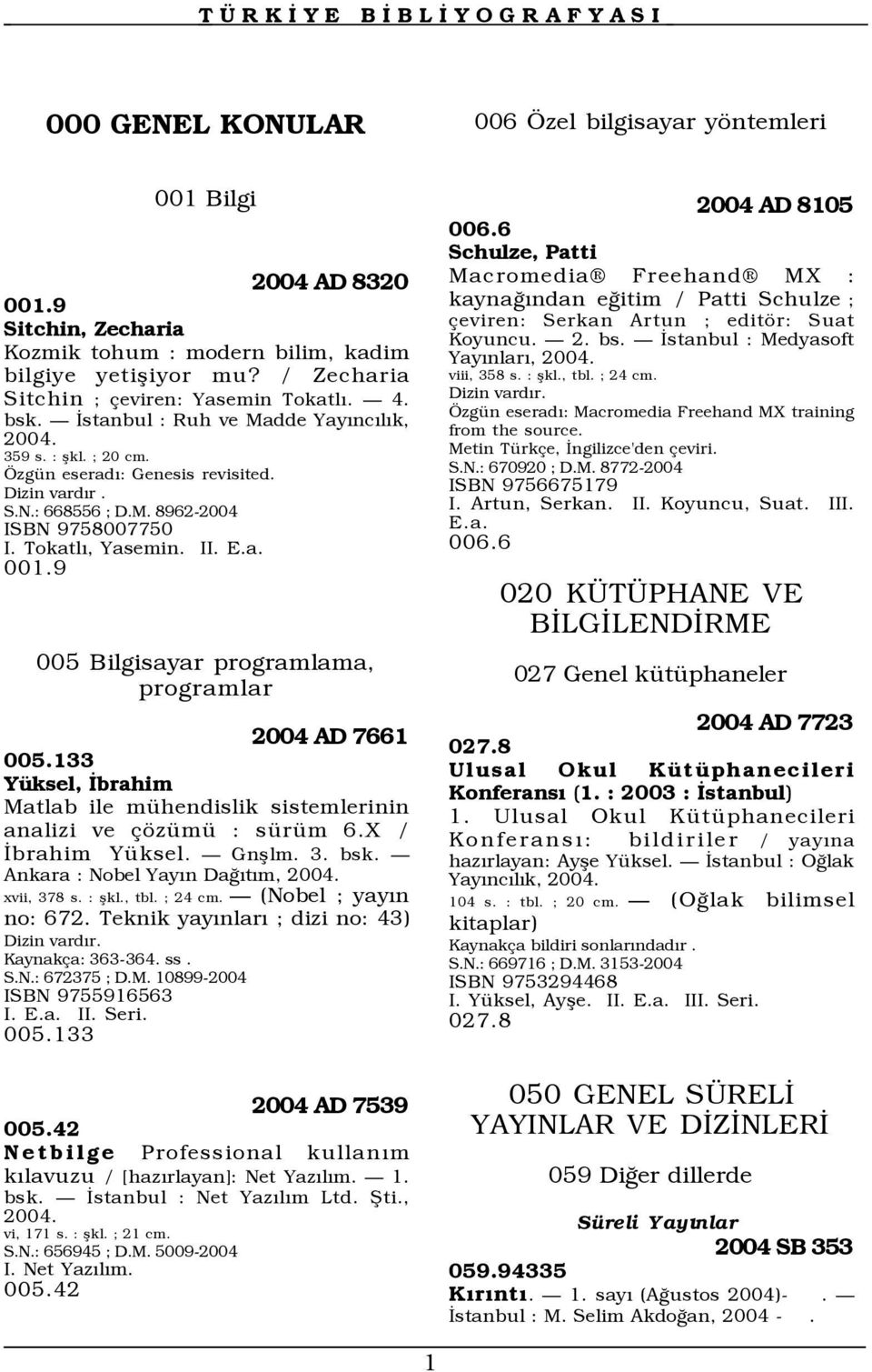 9 005 Bilgisayar programlama, programlar 2004 AD 7661 005.133 Yüksel, İbrahim Matlab ile mühendislik sistemlerinin analizi ve çözümü : sürüm 6.X / İbrahim Yüksel. Gnşlm. 3. bsk.