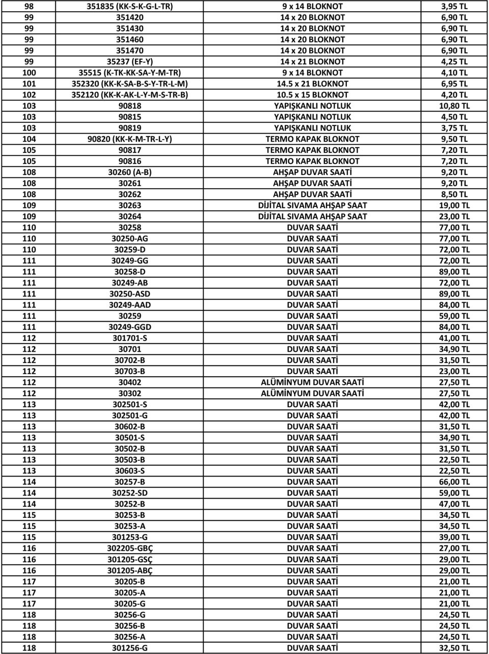 5 x 15 BLOKNOT 4,20 TL 103 90818 YAPIŞKANLI NOTLUK 10,80 TL 103 90815 YAPIŞKANLI NOTLUK 4,50 TL 103 90819 YAPIŞKANLI NOTLUK 3,75 TL 104 90820 (KK-K-M-TR-L-Y) TERMO KAPAK BLOKNOT 9,50 TL 105 90817