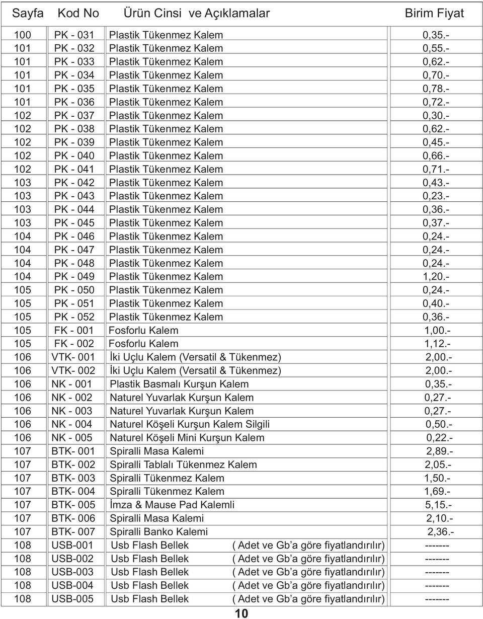 - 102 PK - 039 Plastik Tükenmez Kalem 0,45.- 102 PK - 040 Plastik Tükenmez Kalem 0,66.- 102 PK - 041 Plastik Tükenmez Kalem 0,71.- 103 PK - 042 Plastik Tükenmez Kalem 0,43.