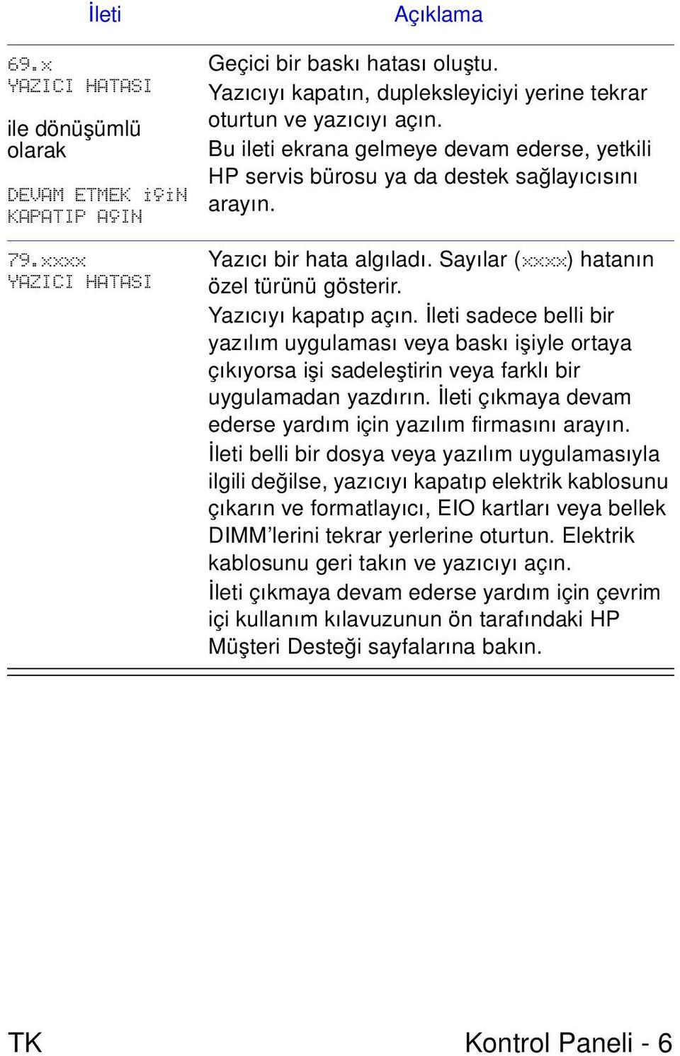 Sayılar (xxxx) hatanın özel türünü gösterir. Yazıcıyı kapatıp açın. İleti sadece belli bir yazılım uygulaması veya baskı işiyle ortaya çıkıyorsa işi sadeleştirin veya farklı bir uygulamadan yazdırın.