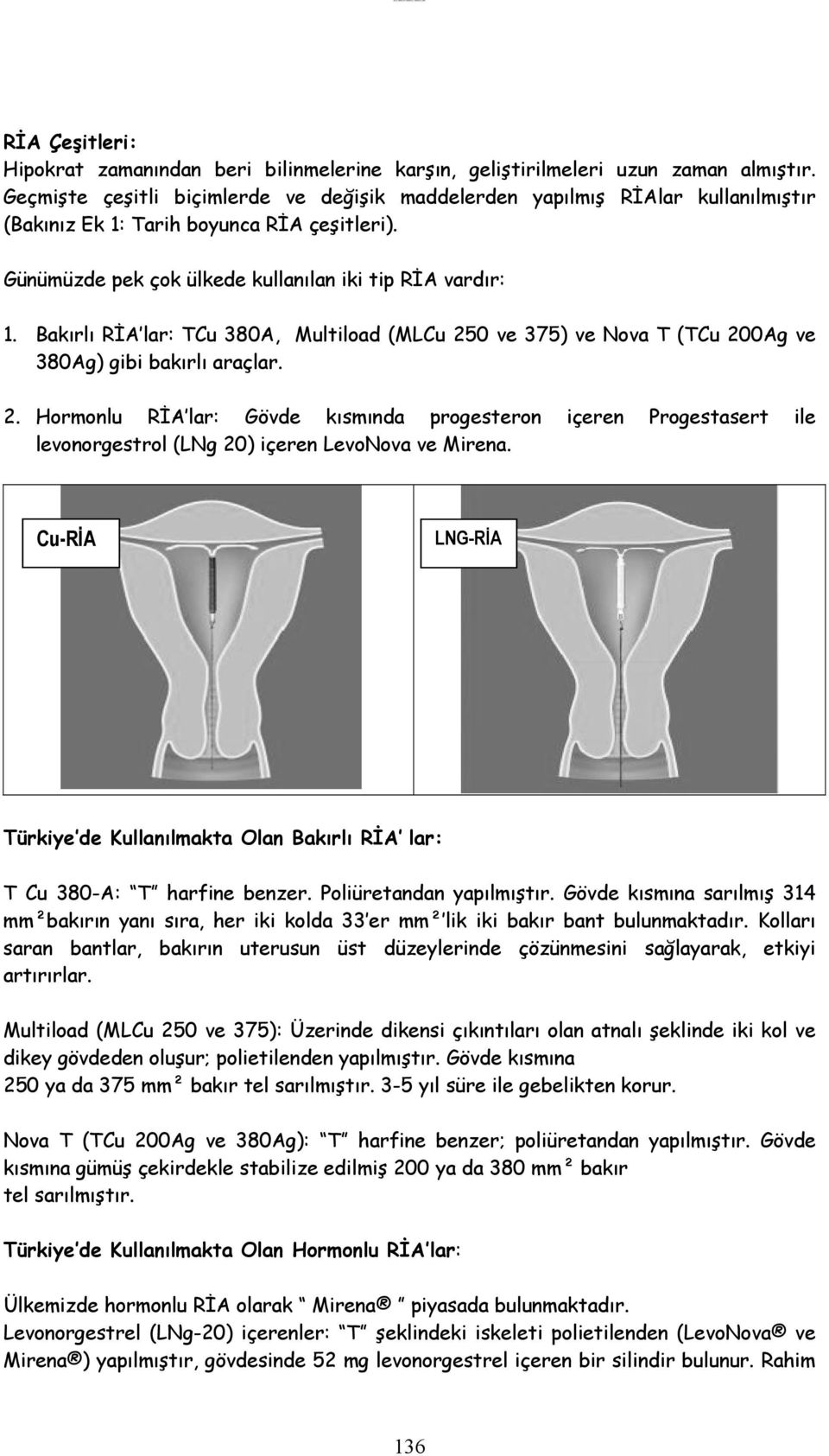 Bakırlı RİA lar: TCu 380A, Multiload (MLCu 250 ve 375) ve Nova T (TCu 200Ag ve 380Ag) gibi bakırlı araçlar. 2. Hormonlu RİA lar: Gövde kısmında progesteron içeren Progestasert ile levonorgestrol (LNg 20) içeren LevoNova ve Mirena.