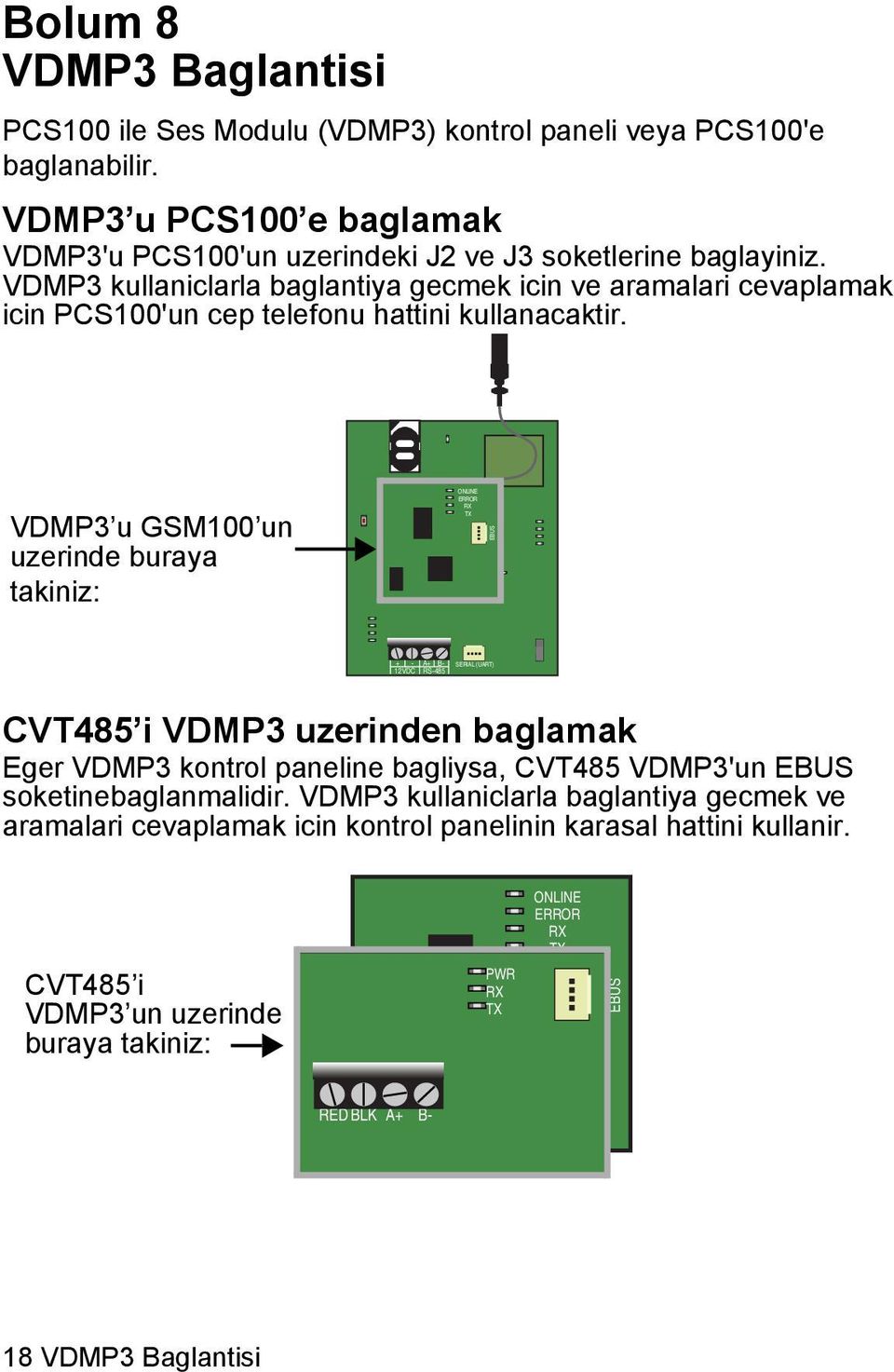 VDMP3 u GSM100 un uzerinde buraya takiniz: ONLINE ERROR RX TX IN-FIELD PROGRAM EBUS + - A+ B- 12VDC RS-485 SERIAL (UART) CVT485 i VDMP3 uzerinden baglamak Eger VDMP3 kontrol paneline