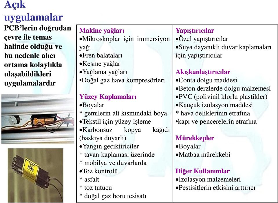 Yangın geciktiriciler * tavan kaplaması üzerinde * mobilya ve duvarlarda Toz kontrolü * asfalt * toz tutucu * doğal gaz boru tesisatı Yapıştırıcılar Özel yapıştırıcılar Suya dayanıklı duvar