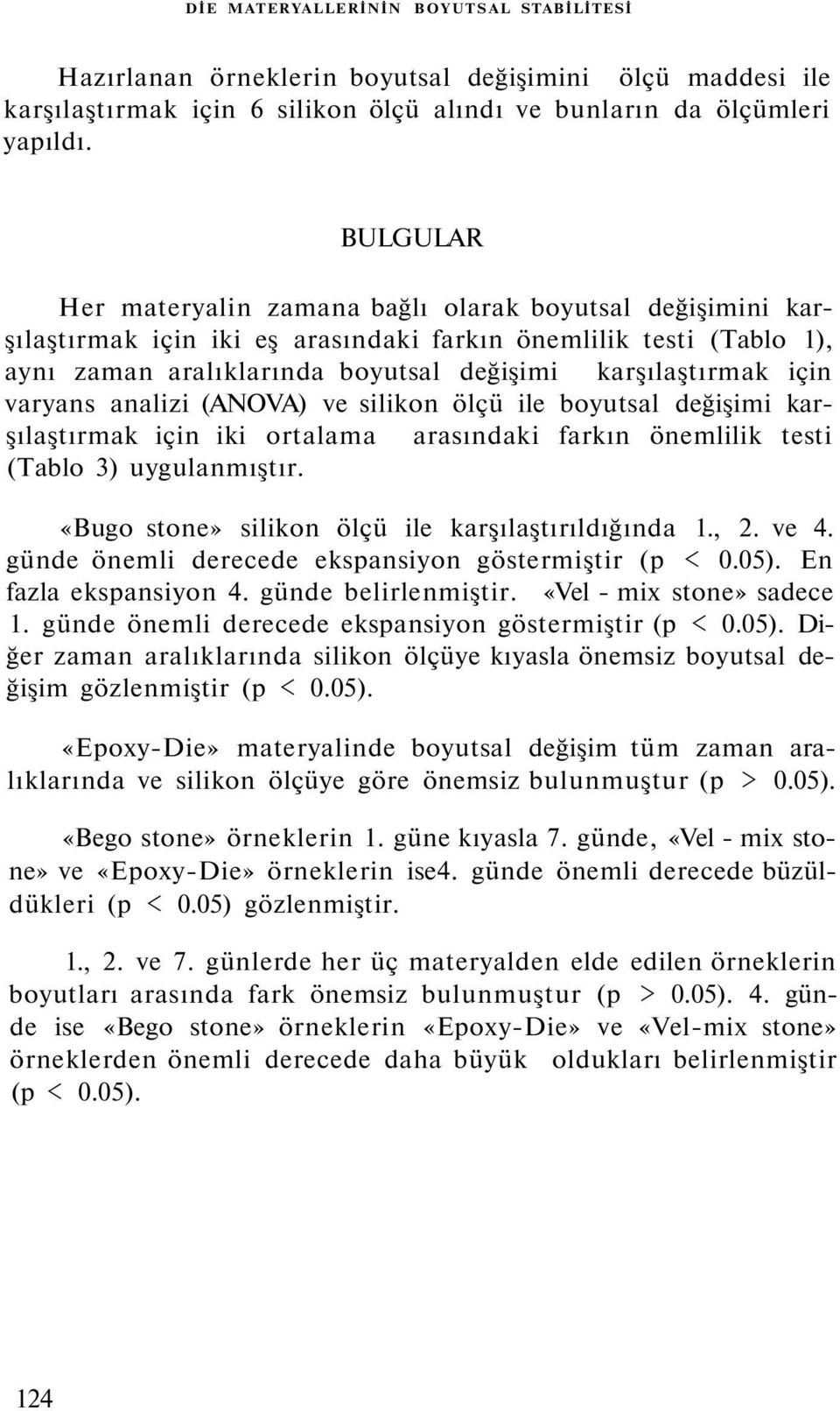 varyans analizi (ANOVA) ve silikon ölçü ile boyutsal değişimi karşılaştırmak için iki ortalama arasındaki farkın önemlilik testi (Tablo 3) uygulanmıştır.