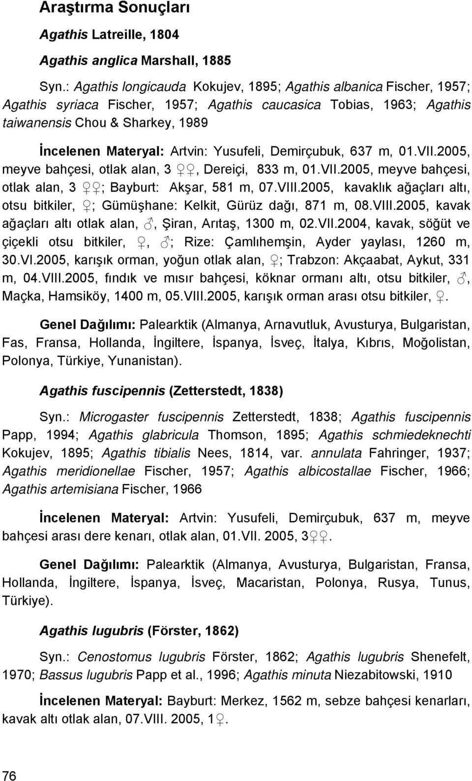 Yusufeli, Demirçubuk, 637 m, 01.VII.2005, meyve bahçesi, otlak alan, 3, Dereiçi, 833 m, 01.VII.2005, meyve bahçesi, otlak alan, 3 ; Bayburt: Akşar, 581 m, 07.VIII.