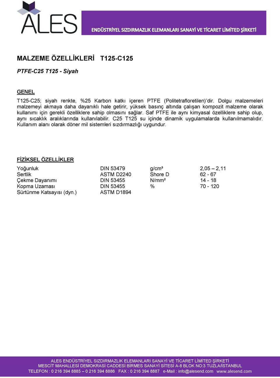 Saf PTFE ile aynı kimyasal özelliklere sahip olup, aynı sıcaklık aralıklarında kullanılabilir. C25 T125 su içinde dinamik uygulamalarda kullanılmamalıdır.