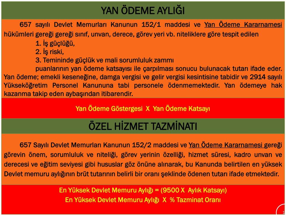 Yan ödeme; emekli keseneğine, damga vergisi ve gelir vergisi kesintisine tabidir ve 2914 sayılı Yükseköğretim Personel Kanununa tabi personele ödenmemektedir.