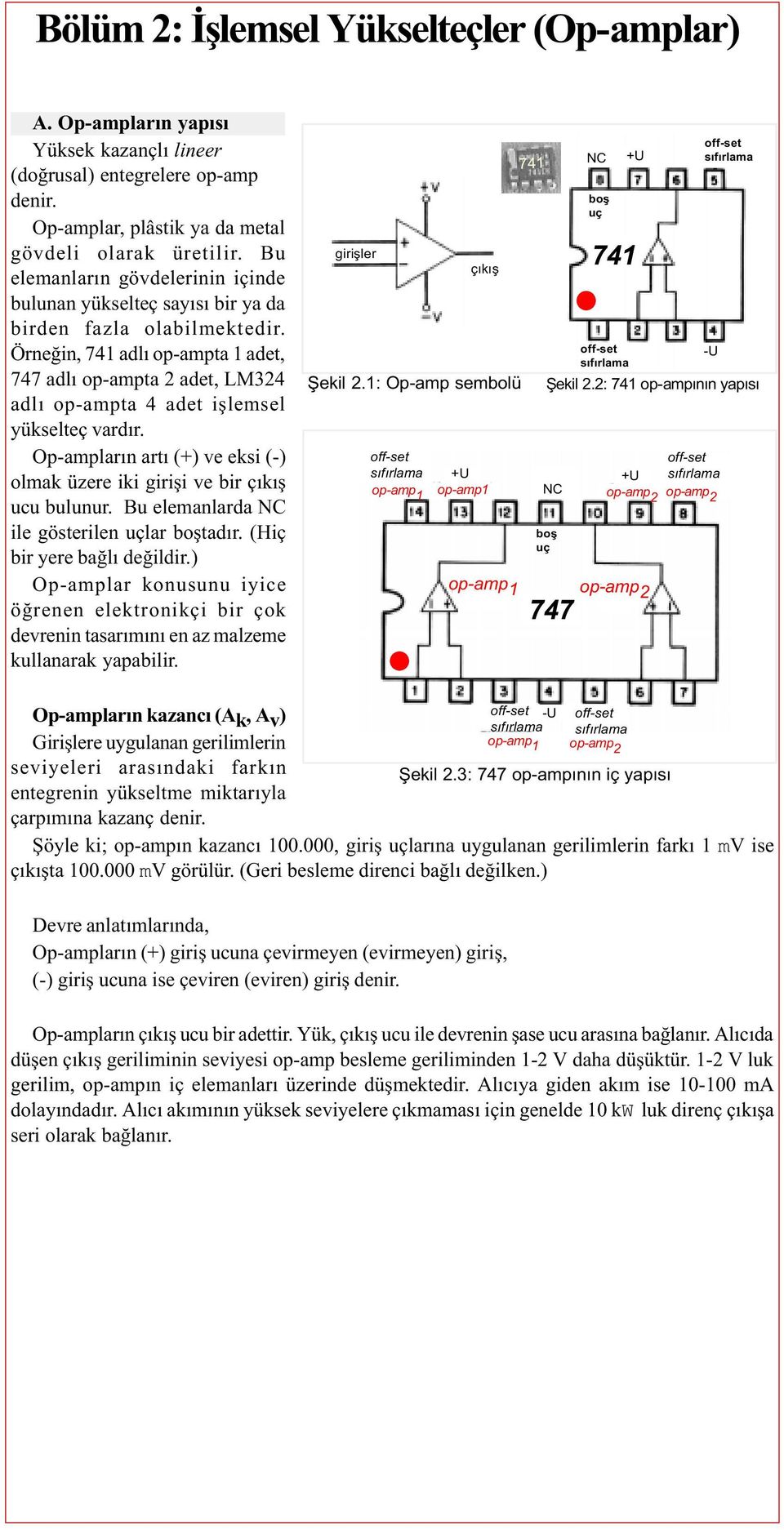 Örneðin, adlý op-ampta 1 adet, adlý op-ampta 2 adet, LM32 adlý op-ampta adet iþlemsel yükselteç vardýr. Op-amplarýn artý (+) ve eksi (-) olmak üzere iki giriþi ve bir çýkýþ ucu bulunur.