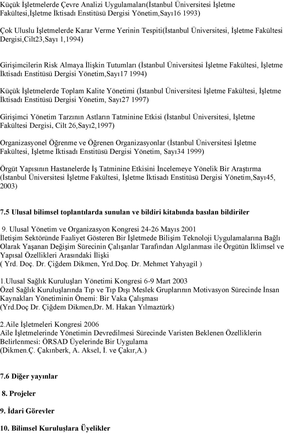 Yönetim,Sayı17 1994) Küçük İşletmelerde Toplam Kalite Yönetimi (İstanbul Üniversitesi İşletme Fakültesi, İşletme İktisadı Enstitüsü Dergisi Yönetim, Sayı27 1997) Girişimci Yönetim Tarzının Astların