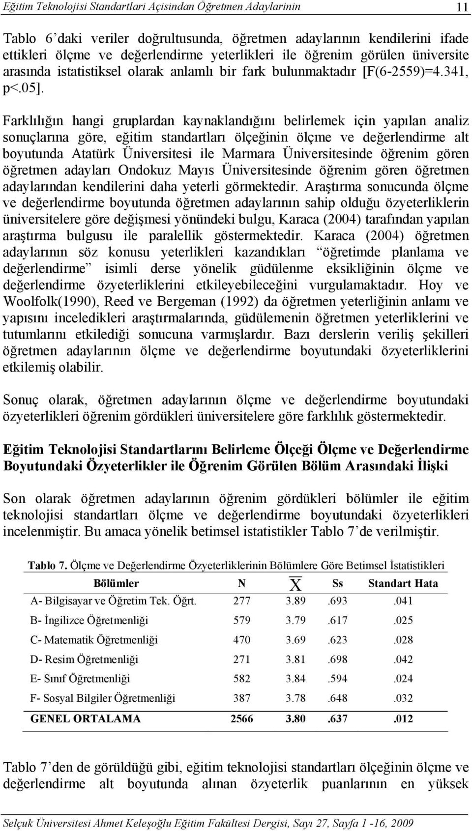 Farklılığın hangi gruplardan kaynaklandığını belirlemek için yapılan analiz sonuçlarına göre, eğitim standartları ölçeğinin ölçme ve değerlendirme alt boyutunda Atatürk Üniversitesi ile Marmara